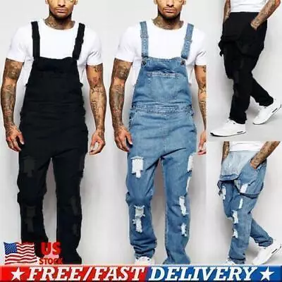 Mens Denim Dungaree Overalls Pants Trousers Bib Ripped Cargo Jeans Jumpsuit US • $41.49