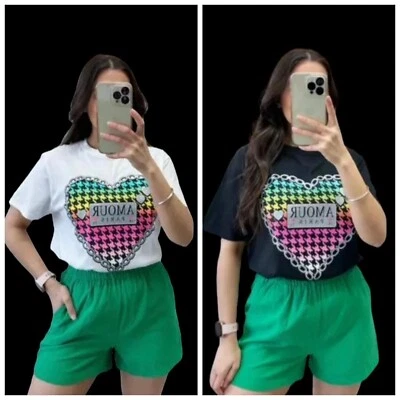 £8.95 • Buy Women’s Ladies T-Shirt Heart Amour Multi Colour Print Short Sleeve Tee Top 8-18