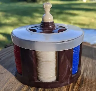 Vintage Miniature Poker Chip Caddy And Poker Chips Brown Swirl Bakelite?  • $26.70