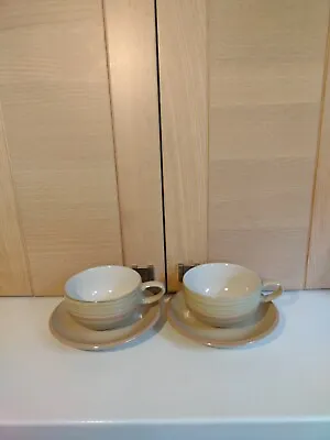 Denby Caramel Stripes 2  Large 1/2 Pint Breakfast Tea Cups And Saucers • £18