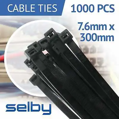 1000pcs Cable Ties Zip Ties Black 7.6mm X 300mm Strong Nylon UV Stabilised • $76