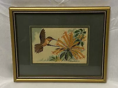 Vintage J&J Gold Wood Framed Cash Hummingbird Woven Jacquard Loom Wall Art • £46.33