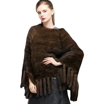 Real Mink Fur Cape Shawl Wraps Women Poncho Cloak Coat With Tassels Brown Black • $168.30