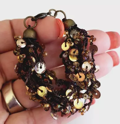 Vintage Brown Sequins Seed Bead Crotcheted Multi Strand Child Bracelet 5-3/8  • $5