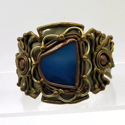 STUNNING Vintage Artisan Made BLUE AGATE Mixed Metal Cuff Bracelet ONE Of KIND • $54.95