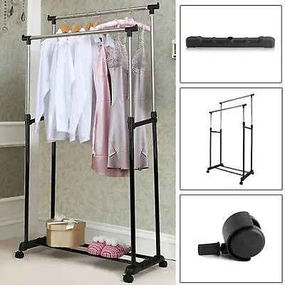 Double Clothes Coat Rail Garment Dress Hanging Display Stand Shoe Rack On Wheels • £7.95