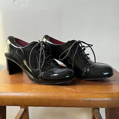 Vintage MAX STUDIO Black Patent Leather Lace Up Oxford Chunky Heel 90s Shoes 9 • $39