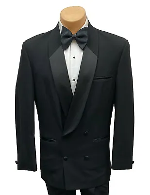 Men's After Six Black Tuxedo Jacket Double Breasted With Shawl Lapels Retro 40L • $29.95