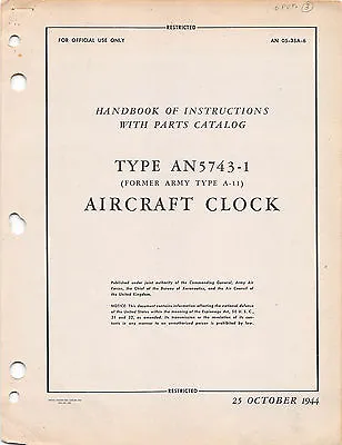 1944 Type AN5743-1 Aircraft Clock Handbook Of Inst's W/Parts Flight Manual-CD • $19.99