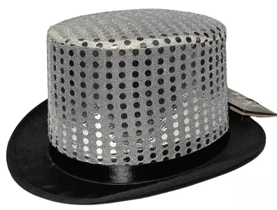 Adult SILVER FAUX SEQUINS TOP HAT Stage Black Dance Magician Formal Costume Cap • $15.89