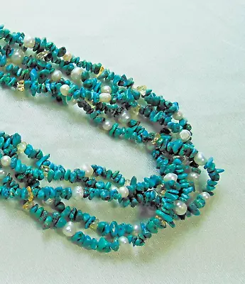 Vintage Sterling Turquoise Gemstone Cultured Pearl 4 Strand Necklace L18  • $64.99