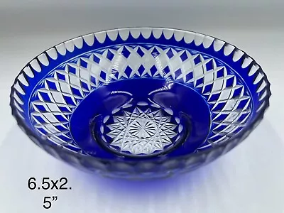 Bohemian Cobalt Blue Cut To Clear Glass Bowl Vintage • $48.52