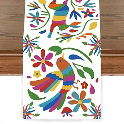 Mexican Otomi Table Runner Colorful Birds Floral Waterwashable Polyester White • $20.23