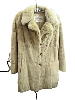 Vtg Beige Full Pelt Rabbit Fur Coat Pollack's Mink Farm 3/4 Length Notch Collar • $44.95