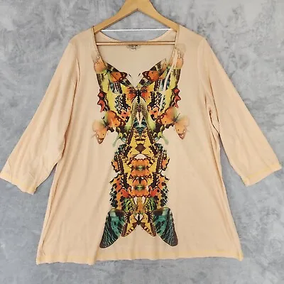 One World Shirt Womens Size 2X Butterfly Reflection Effect Peach Teal 3/4 Sleeve • $11.87