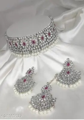$35.68 • Buy Bollywood Indian Style Silver Plated Kundan Choker Necklace Bridal Jewelry Set