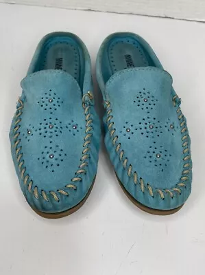 Minnetonka Mule Size 8.5 Teal Blue Green Leather Studded Slip On Moccasins • $19.95