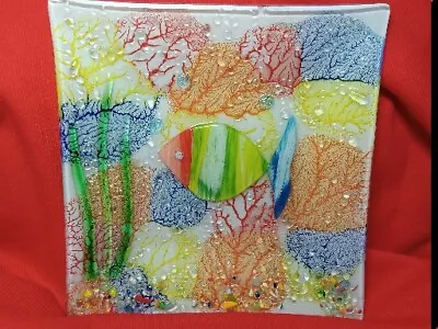 Vintage 7  Multicolored Underwater Tropical Seascape Fused Glass Plate Mexico • $14.97