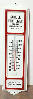 Vintage  SCHOLL  FERTILIZER Metal THERMOMETER SIGN....Falls City Nebraska...NOS • $12.50