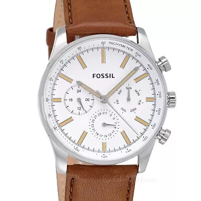 FOSSIL Sullivan Mens Multifunction Watch White Dial Day Date Brown Leather Band • $73.90