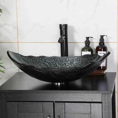 £59.99 • Buy Bathroom Basin Tempered Glass Countertop Sink Leaf-Shape Wash Bowl Tap Waste Set