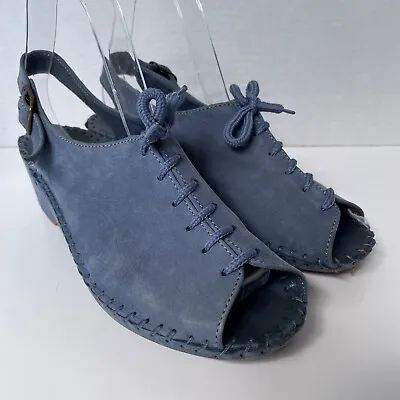 La Plume Italy Women Sandal 38 7.5 8 Wedge Heel Blue Denim Nubuck Slingback Shoe • $24.90