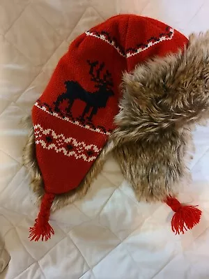 Baby Gap Knit Fleece Red & Navy Faux Fur Winter Hat Size M/L • $14.89