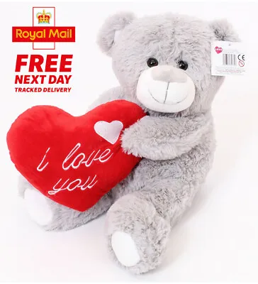 Large Valentines Teddy Bear Grey 12  I Love You Plush Gift Boy Girlfriend Gift • £14.99