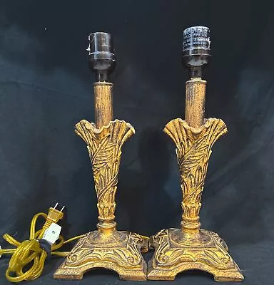 Pair Vintage Table Lamps Antique Gold Resin Base Lamp 1970’s Decor 13  H • $49.99