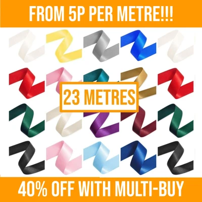 £3.40 • Buy 23 Metres - Double Sided Satin Ribbon Rolls - 6mm 10mm 15mm 25mm Widths