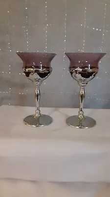 $25 • Buy 2 Vtg Art Deco Farber Bros Chrome Amethyst Long Stem Cocktail Cordial Glasses 