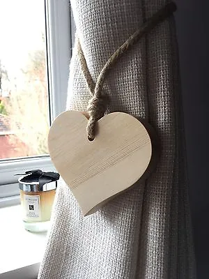 £15.99 • Buy Pair Of Handmade Natural Small Wooden Heart Curtain Tie Backs With Jute Rope Tie