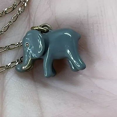 J.CREW Gray Enamel Elephant Pendant Necklace 24” Fine Gold Tone Chain Signed • $16.99