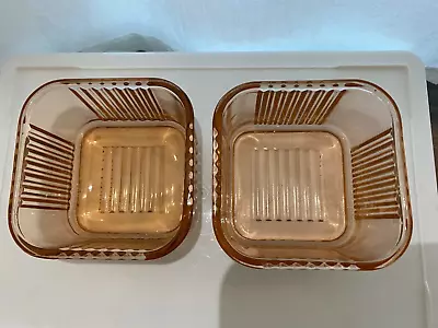 2 Vintage Federal Pink Glass 4  X 4” Square Ribbed Refrigerator Dishes W/o Lid • $8