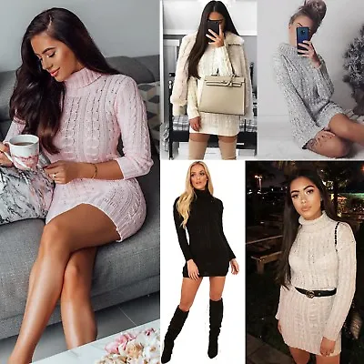 £13.95 • Buy Womens Ladies Chunky Cable Knitted High Polo Roll Neck Stretch Jumper Mini Dress