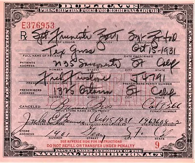 Antique Tex Prohibition Prescription Whisky Pharmacy Doctor Bar San Francisco CA • $35