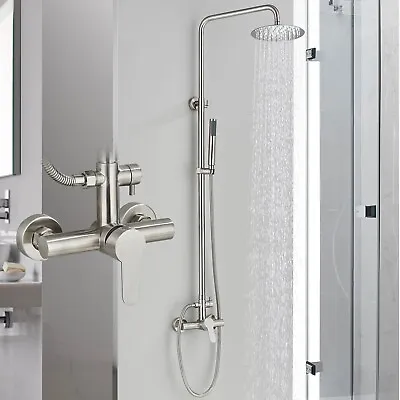 Brushed Nickel Exposed Bathroom Shower Mixer Taps Round Twin Head Tap Wall Mount • £32