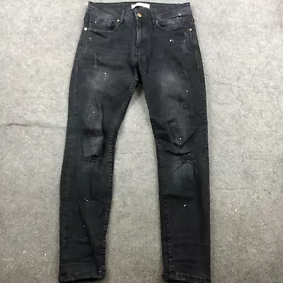 Zara Jeans Men 31 Black Denim Stretch Adult Distressed Skinny Paint Casual 31x27 • $24.95