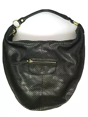 LINEA PELLE Black Leather Hobo Bag Large Perforated Shoulder Purse • $44.39