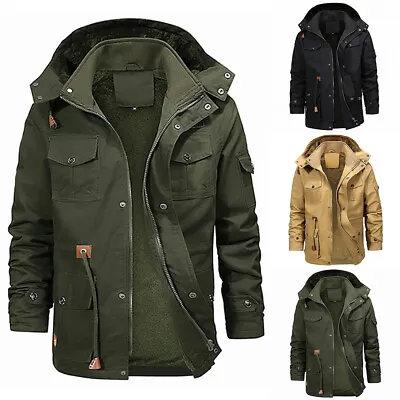 Mens Fleece Fur Lined Parker Coat Jacket Hooded Zipper Winter Warm Outwear Coat • £27.59