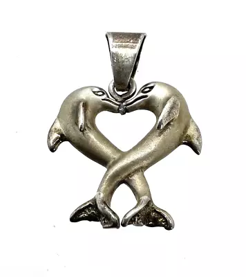 Vintage Sterling Silver 925 Dolphin Love Heart Pendant 1.6 Inch • $29.99