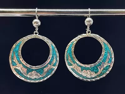 Vtg Sterling Silver Dangle Drop Earrings Turquoise Chip Inlay Signed ARL Mexico • $34.95