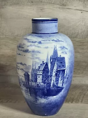 Antique Vintage Delft Vase Ceramic Blue White Houses 7 7/8” High • $59.99