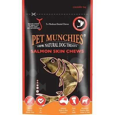 Pet Munchies Medium Salmon Skin Chews 90g 100% Natural Dog Dental Treats 90g • £8.23