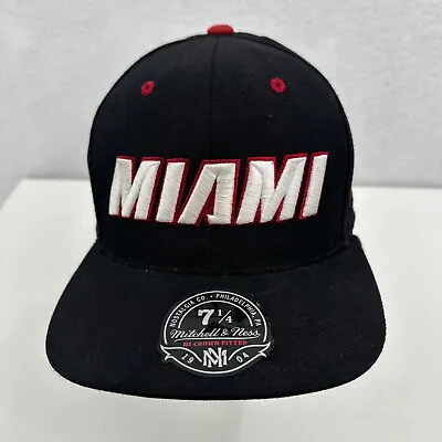 Miami Heat Hat Cap Fitted 7 1/4 Black Michell  Ness Spell Out Flame Brim NBA • $8.75