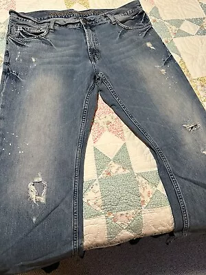American Eagle Jeans 36x30 Mens Blue Denim Low Rise Boot Cut Distressed Paint • $10