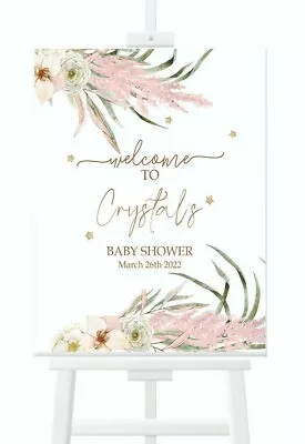 Personalised Baby Shower Pink Flower Pampus Welcome Sign Canvas & Print Picture  • £6.99