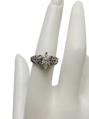 Roman Sterling Silver Cubic Zirconia Marquise Cut Filigree Heart Ring Vintage 7 • $29.99