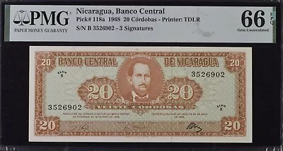 HIGH GRADE PMG NOTE SERIAL B. 20 CORDOBAS 1968. TOMAS MARTINEZ. P. 118a. 66 EPQ. • $499