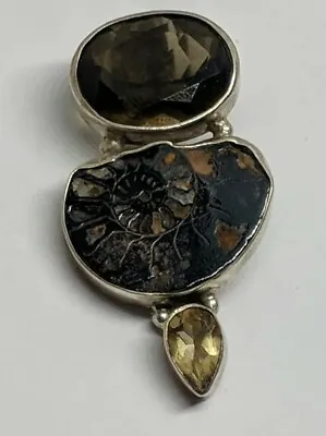 Unique 1.5  Sterling Silver Pendant Smokey Quartz Fossil FREE SHIPPING  • $26.99